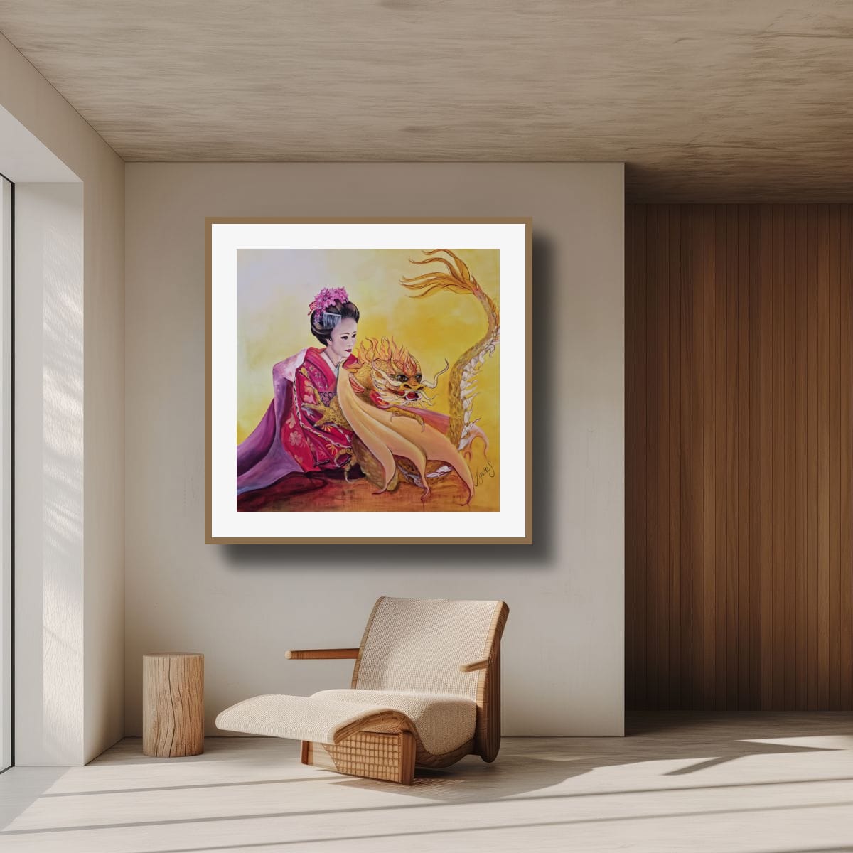 White and gold soul star chakra artwork of a geisha with a rising golden dragon, symbolising divine light, higher guidance, spiritual ascension and awakened feminine energy.