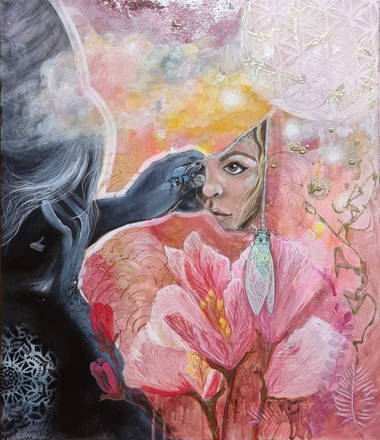 A luminous portrait of a woman gazing into her reflection, surrounded by soft pink blossoms. Gentle brushwork and delicate colors evoke the rediscovery of inner beauty and the merging of shadow and light.