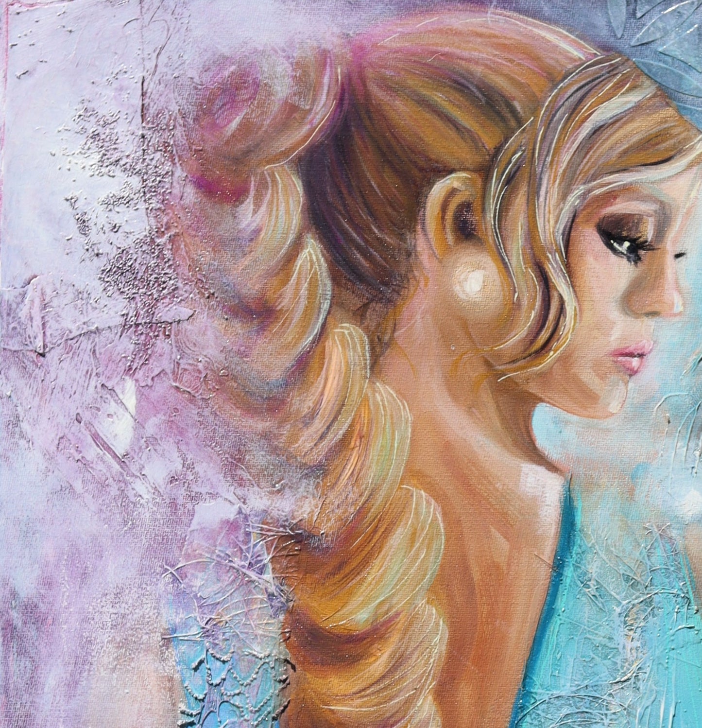 Feminine figurative painting of a serene woman holding a delicate bird, layered with textured mixed media, soft turquoise and pastel tones, and sacred geometry in a contemporary Australian artwork by Lynette Mary Skeers