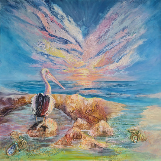 Original 88×88cm coastal sunset painting of a pelican resting in rock pools beneath dramatic dusk clouds, part of the Sole Witness Collection by Australian artist Lynette Mary Skeers.