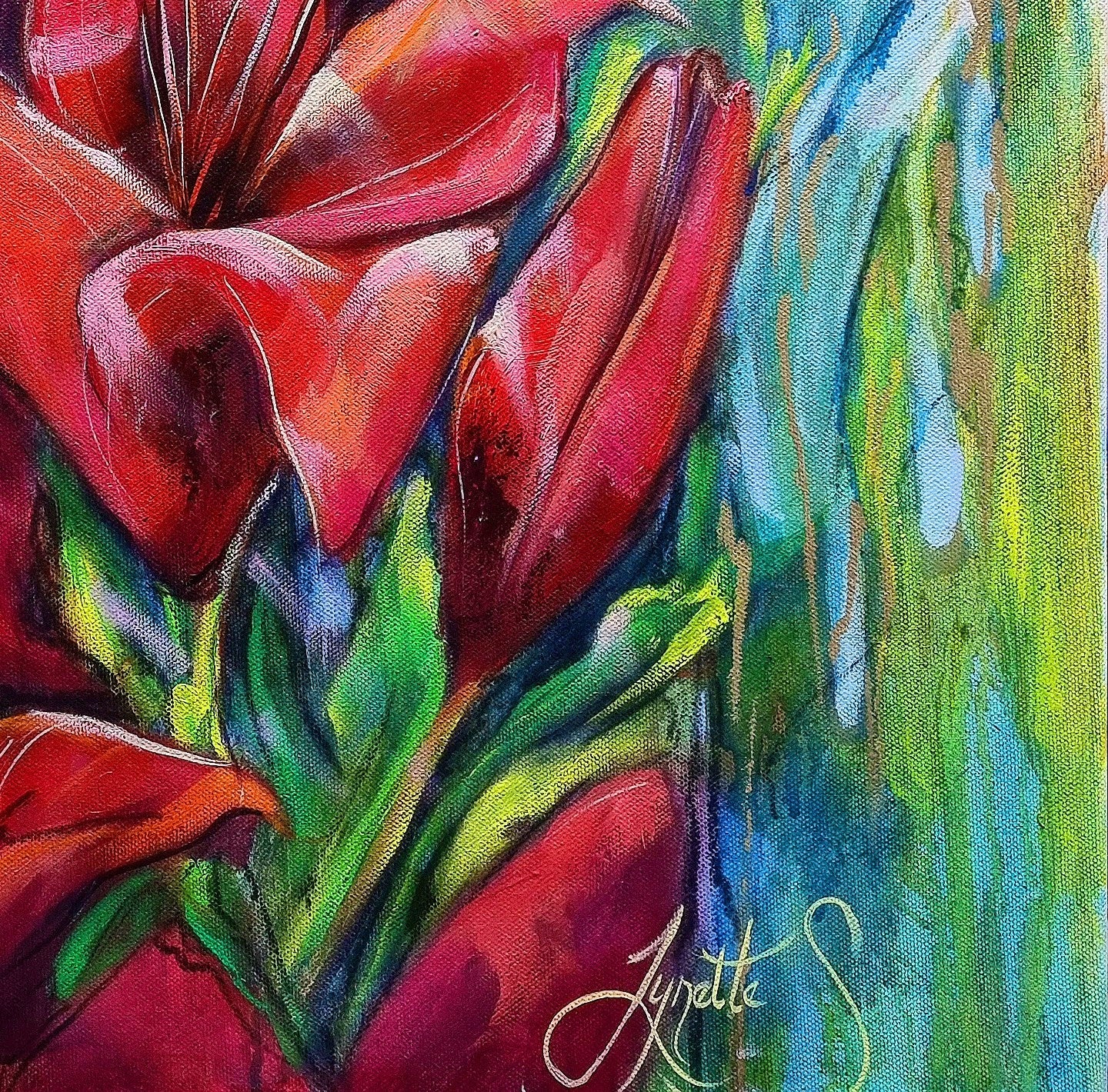 Original floral artwork on canvas with vibrant red and coral blooms, expressive brushstrokes, and gold detailing, contemporary fine art by Australian artist Lynette Mary Skeers