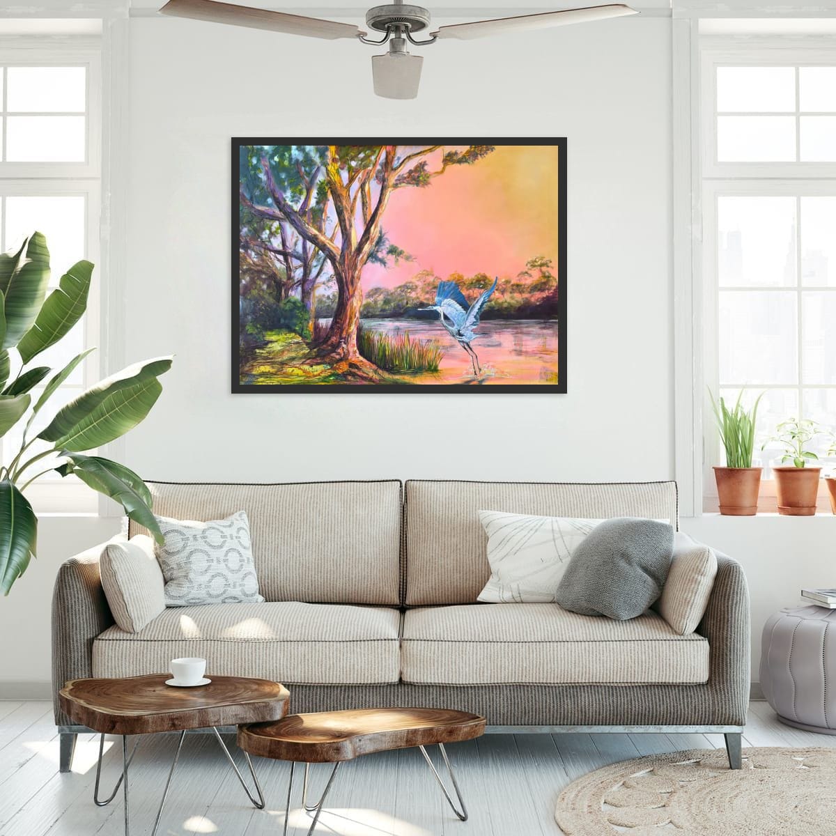 At One With the Light of Dawn, an original Australian river landscape painting by Lynette Mary Skeers, displayed in an interior.