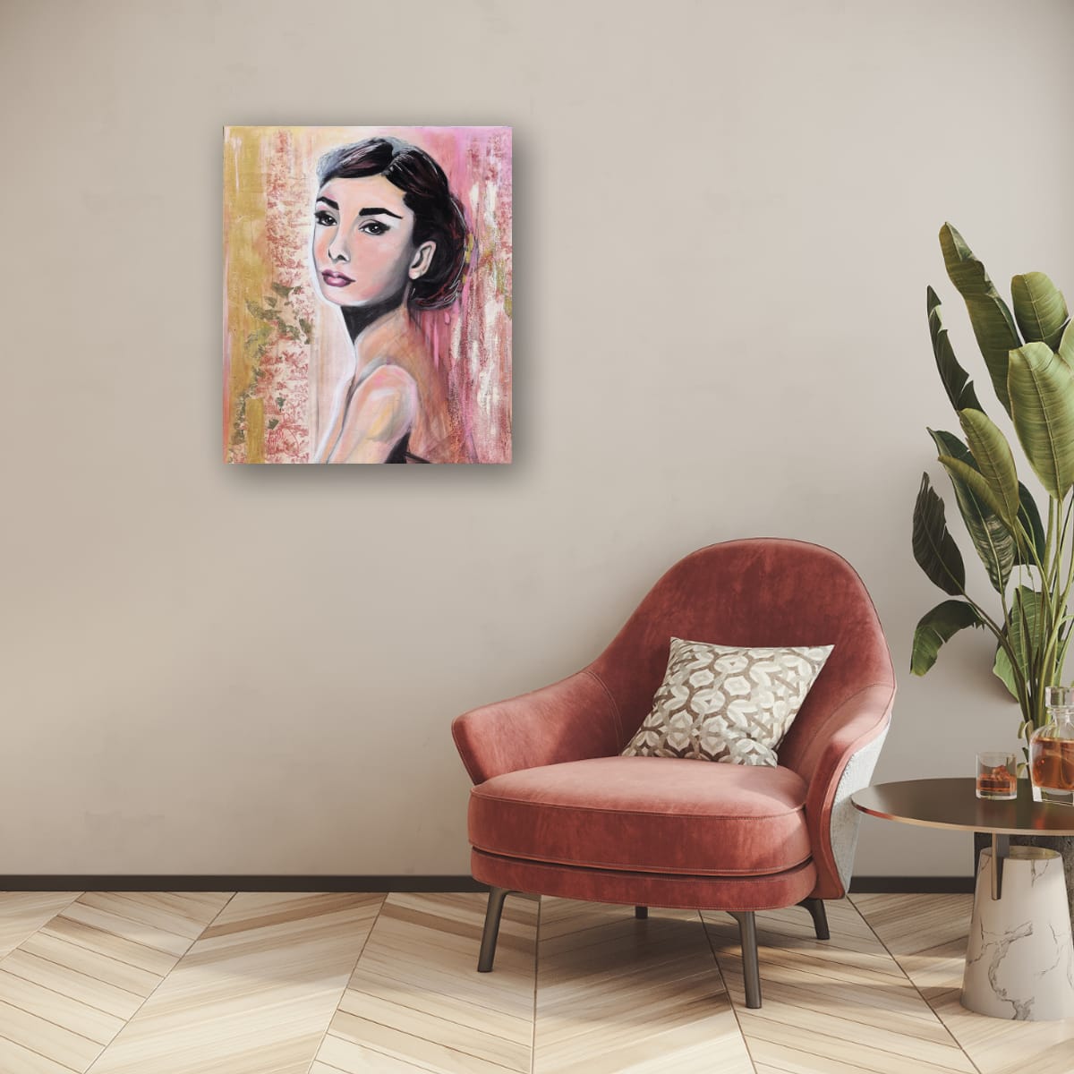 Rose pink feminine portrait inspired by classic Hollywood elegance, part of the Pink Icons Series by Lynette Mary Skeers.