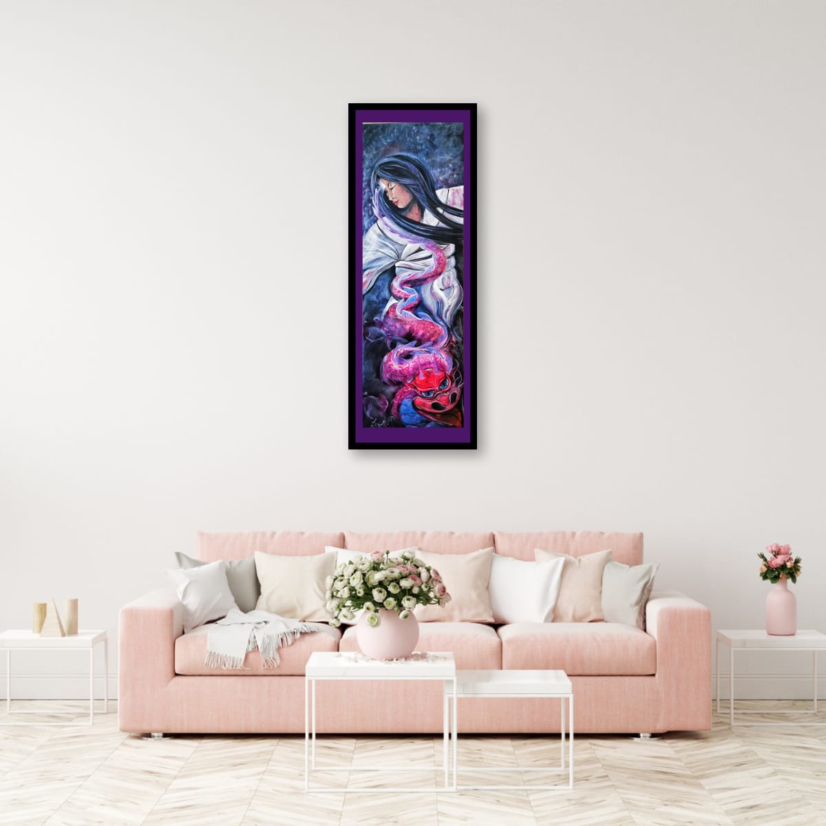 Indigo third eye chakra artwork of a geisha with rising dragon energy symbolising intuition, inner vision, spiritual awareness and feminine wisdom.