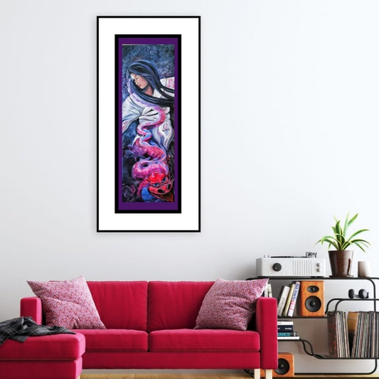 Indigo third eye chakra artwork of a geisha with rising dragon energy symbolising intuition, inner vision, spiritual awareness and feminine wisdom.