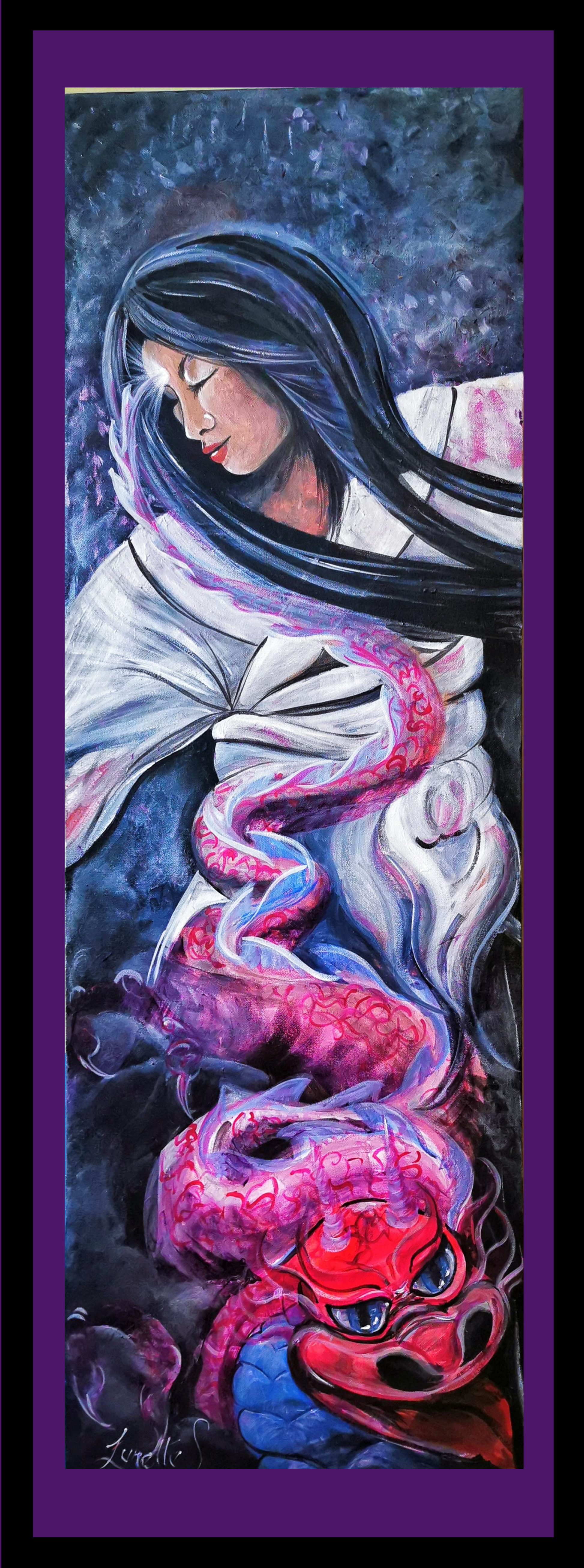 Indigo third eye chakra artwork of a geisha with rising dragon energy symbolising intuition, inner vision, spiritual awareness and feminine wisdom.
