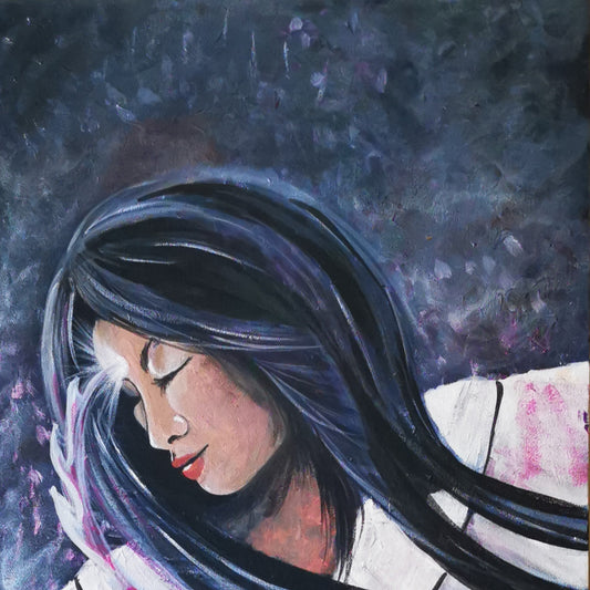 Indigo third eye chakra artwork of a geisha with rising dragon energy symbolising intuition, inner vision, spiritual awareness and feminine wisdom.