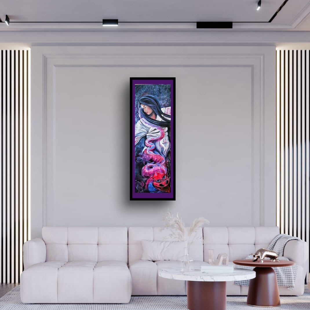 Indigo third eye chakra artwork of a geisha with rising dragon energy symbolising intuition, inner vision, spiritual awareness and feminine wisdom.