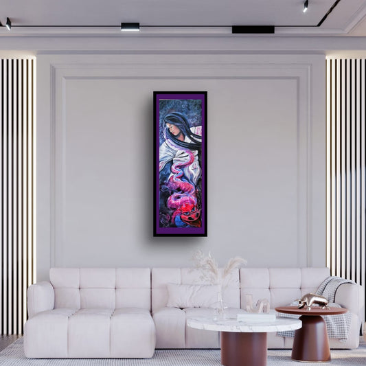 Indigo third eye chakra artwork of a geisha with rising dragon energy symbolising intuition, inner vision, spiritual awareness and feminine wisdom.