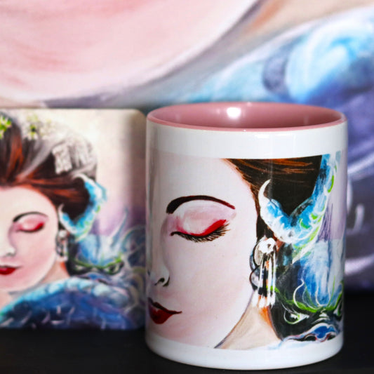 Art cup and coaster set featuring Communication Blue Geisha from the Geishas & Dragons Series by Australian artist Lynette Mary Skeers