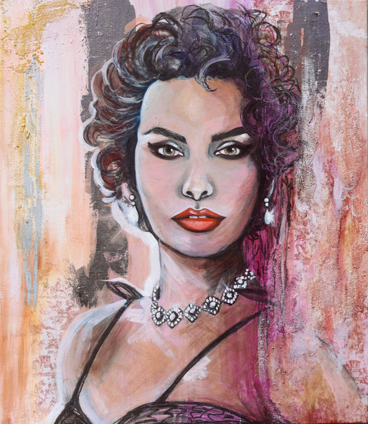 Cerise pink feminine portrait inspired by Hollywood elegance, part of the Pink Icons Series by Lynette Mary Skeers.