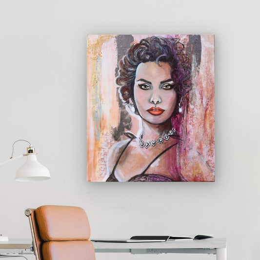 Cerise pink feminine portrait inspired by Hollywood elegance, part of the Pink Icons Series by Lynette Mary Skeers.