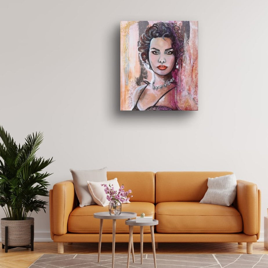Cerise pink feminine portrait inspired by Hollywood elegance, part of the Pink Icons Series by Lynette Mary Skeers.