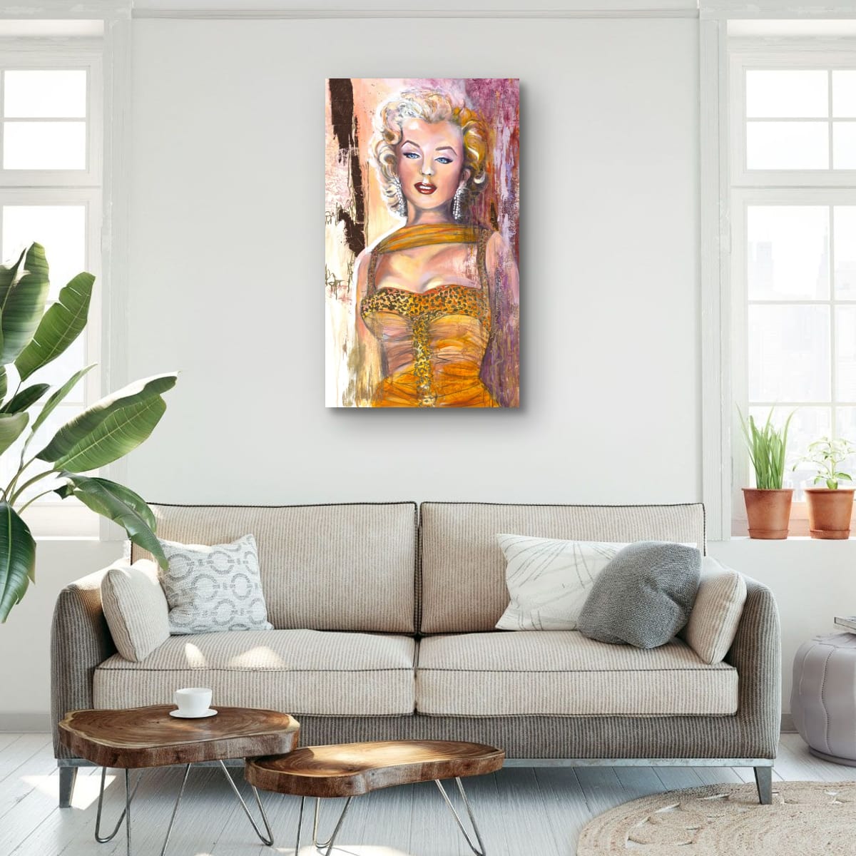 Marilyn Monroe pink portrait with cherry-red lips and glamorous detailing from the Pink Icons Series by Lynette Mary Skeers.