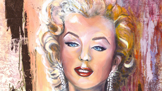 Marilyn Monroe pink portrait with cherry-red lips and glamorous detailing from the Pink Icons Series by Lynette Mary Skeers.