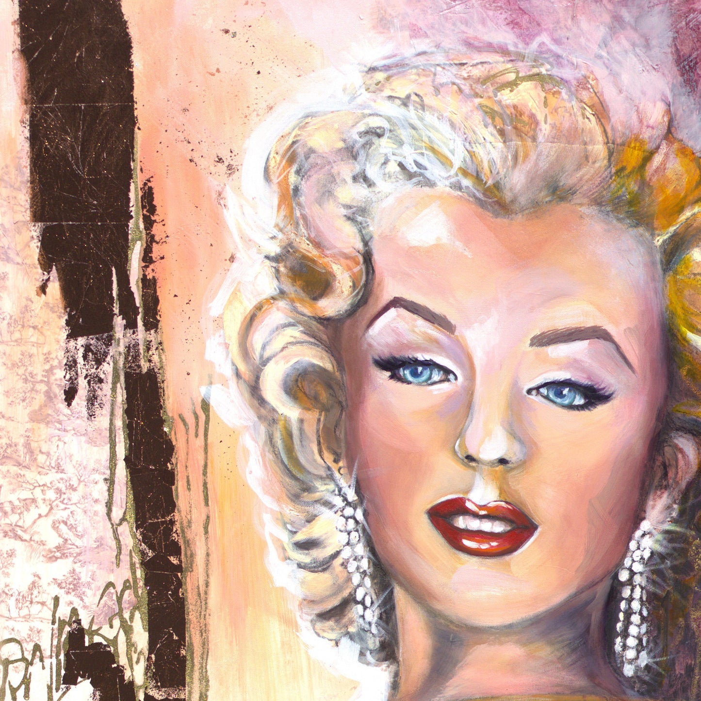 Marilyn Monroe pink portrait with cherry-red lips and glamorous detailing from the Pink Icons Series by Lynette Mary Skeers.