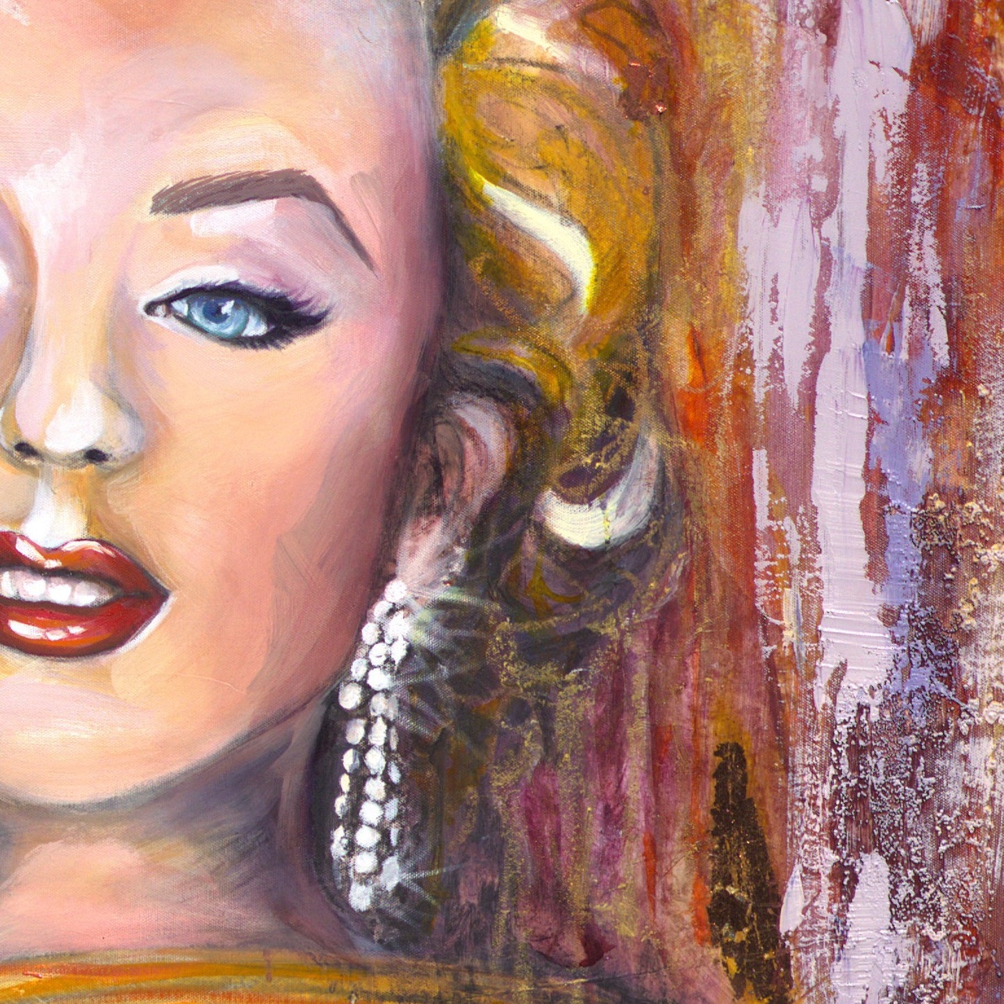 Marilyn Monroe pink portrait with cherry-red lips and glamorous detailing from the Pink Icons Series by Lynette Mary Skeers.