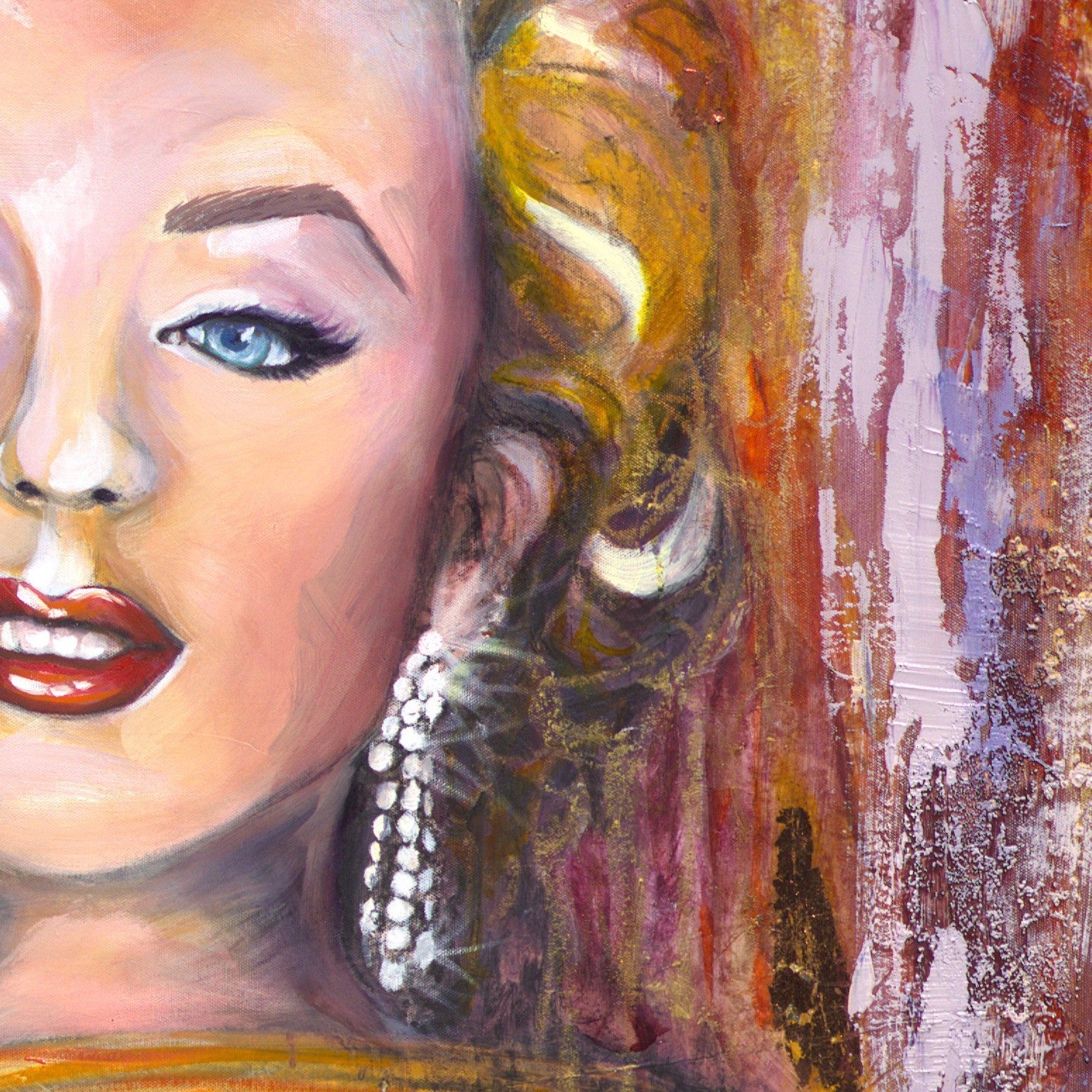 Marilyn Monroe pink portrait with cherry-red lips and glamorous detailing from the Pink Icons Series by Lynette Mary Skeers.