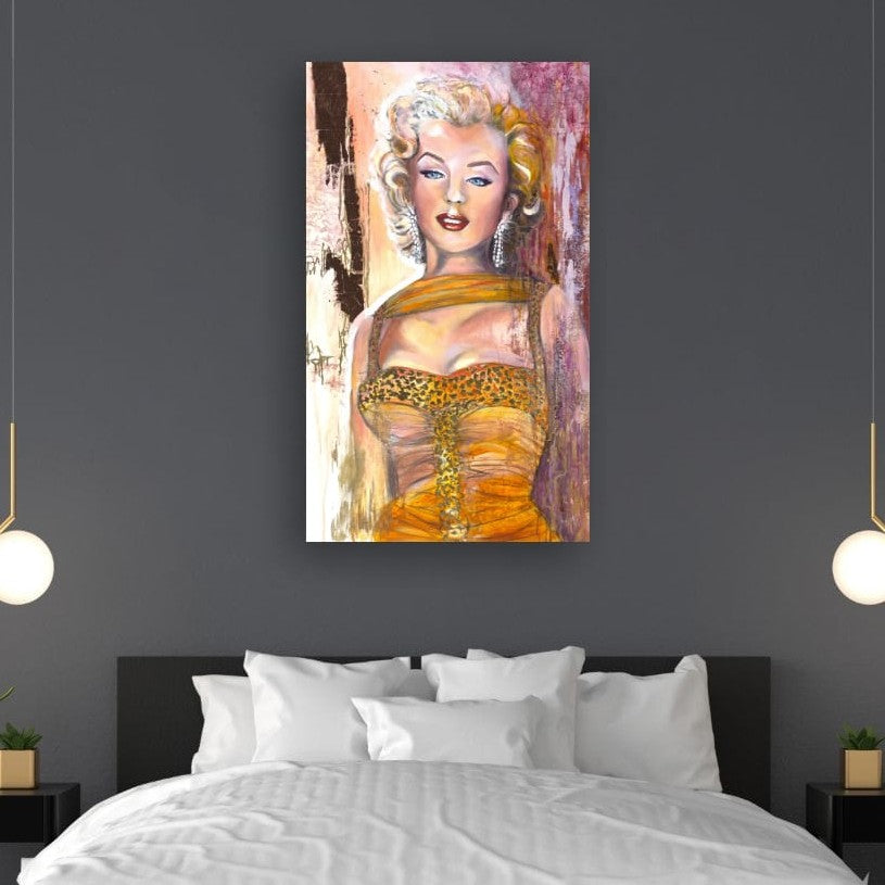 Marilyn Monroe pink portrait with cherry-red lips and glamorous detailing from the Pink Icons Series by Lynette Mary Skeers.