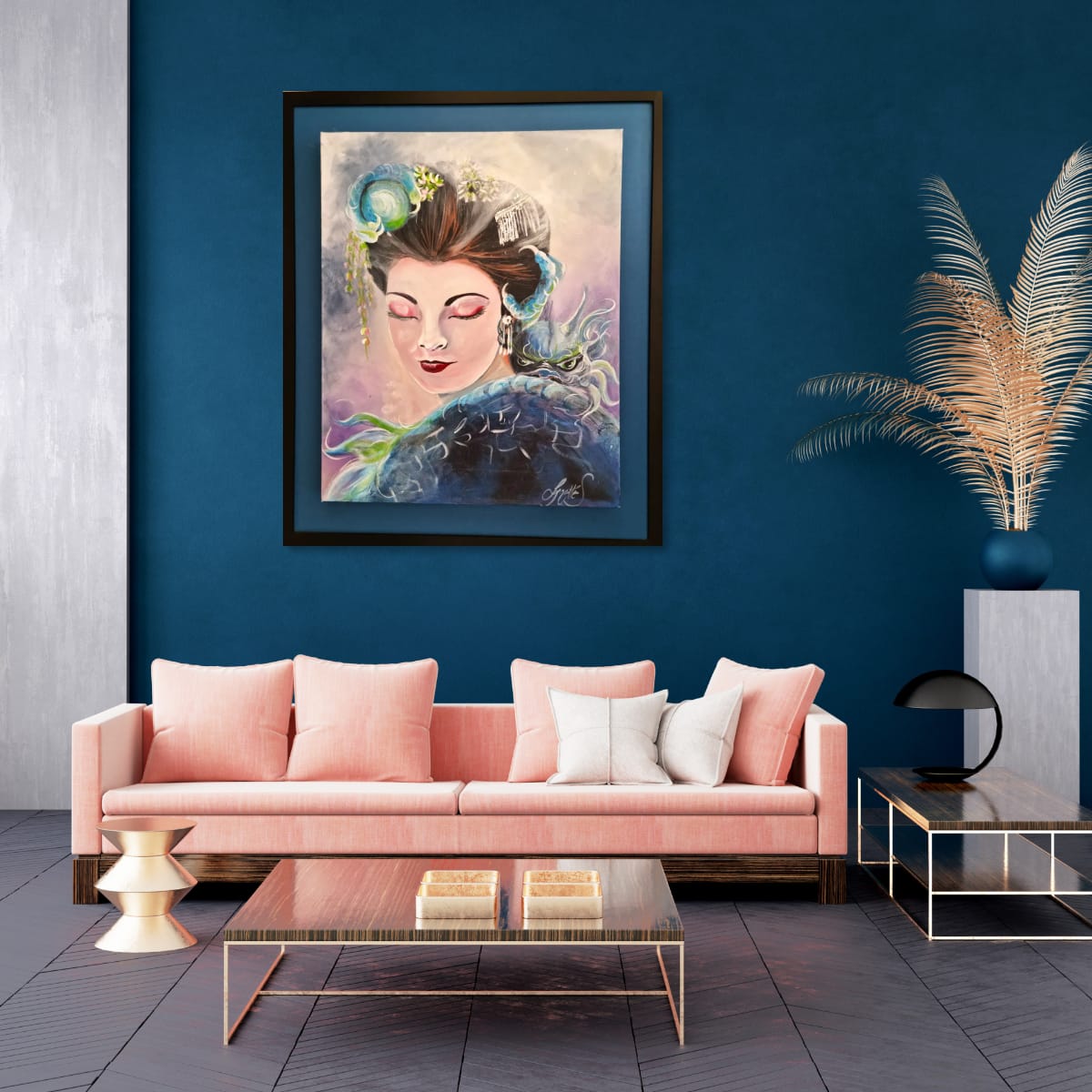 Blue throat chakra artwork of a geisha with swirling dragon energy, symbolising communication, expression, truth and intuitive clarity.