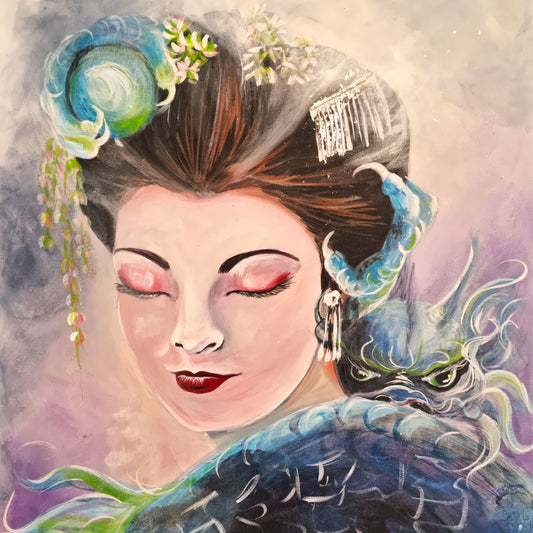 Blue throat chakra artwork of a geisha with swirling dragon energy, symbolising communication, expression, truth and intuitive clarity.