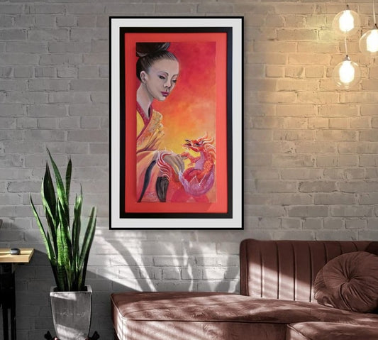 Orange sacral chakra artwork of a geisha with a rising dragon symbolising creativity, emotional flow, intuition and feminine power.