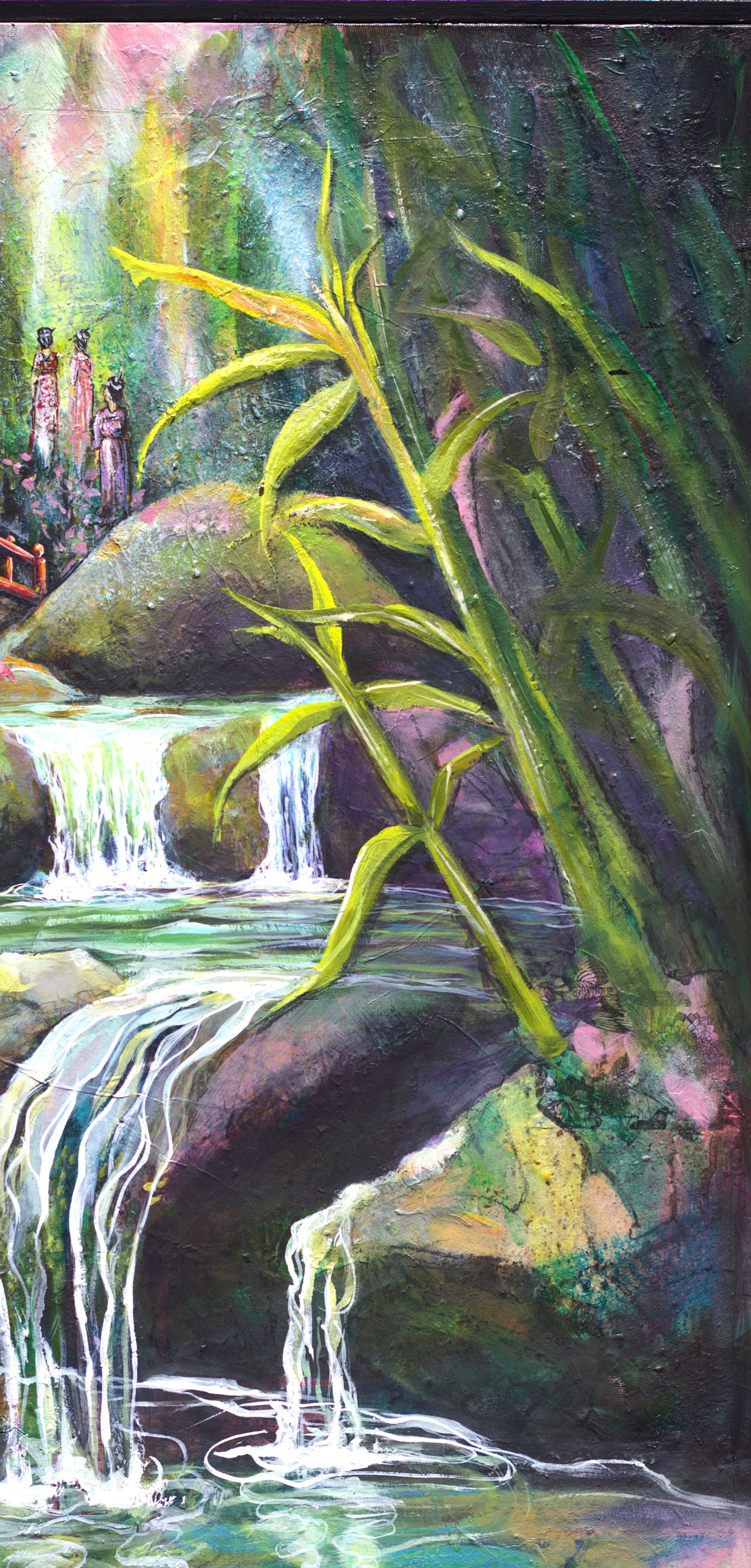 Tranquil landscape painting with cascading waterfalls, lush greenery, bamboo and a red arched bridge, symbolising calm and transition in a contemporary Australian artwork by Lynette Mary Skeers