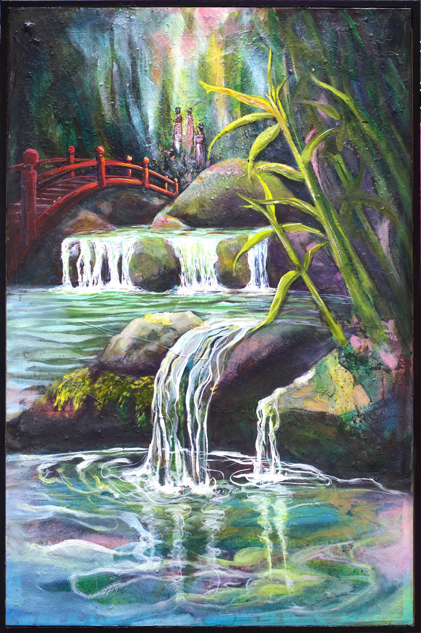 Tranquil landscape painting with cascading waterfalls, lush greenery, bamboo and a red arched bridge, symbolising calm and transition in a contemporary Australian artwork by Lynette Mary Skeers