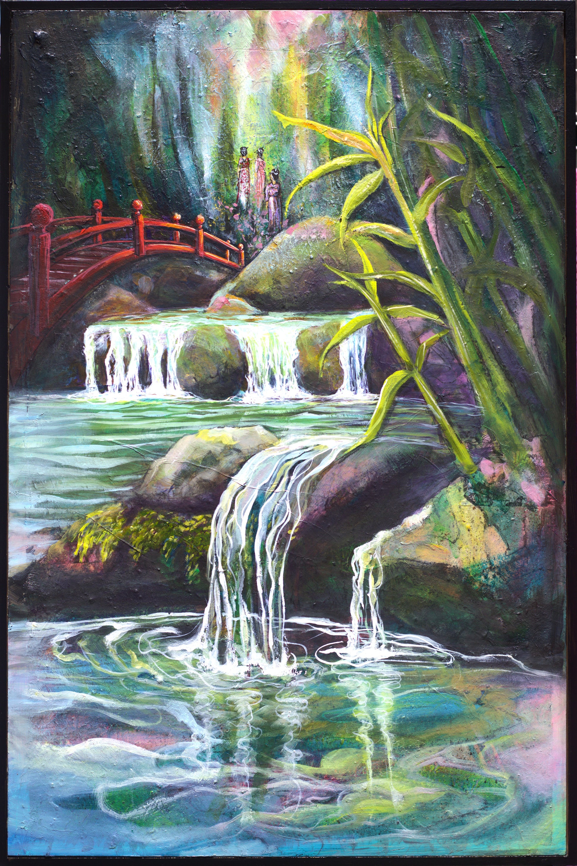 Tranquil landscape painting with cascading waterfalls, lush greenery, bamboo and a red arched bridge, symbolising calm and transition in a contemporary Australian artwork by Lynette Mary Skeers