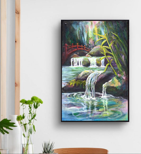 Serene landscape painting featuring cascading waterfalls, lush greenery, bamboo and a red arched bridge, symbolising calm and transition in a contemporary artwork by Australian artist Lynette Mary Skeers