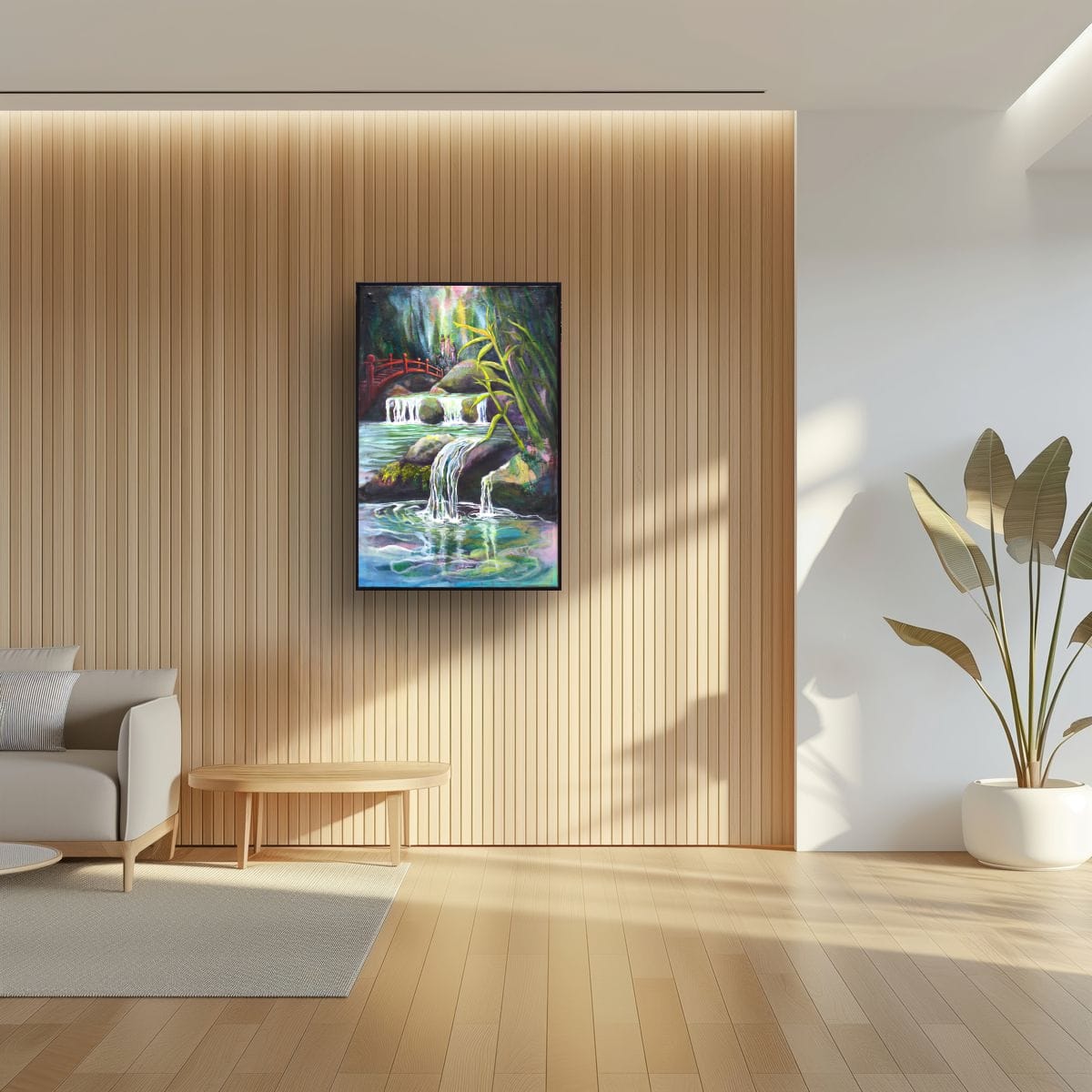 Tranquil landscape painting with cascading waterfalls, lush greenery, bamboo and a red arched bridge, symbolising calm and transition in a contemporary Australian artwork by Lynette Mary Skeers