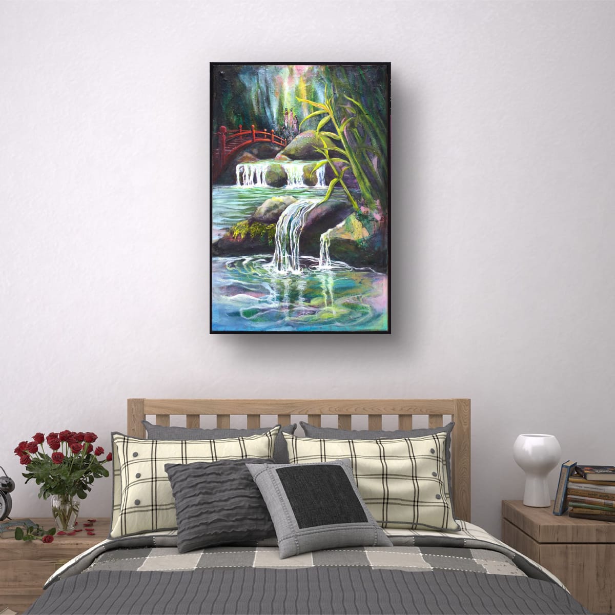 Tranquil landscape painting with cascading waterfalls, lush greenery, bamboo and a red arched bridge, symbolising calm and transition in a contemporary Australian artwork by Lynette Mary Skeers