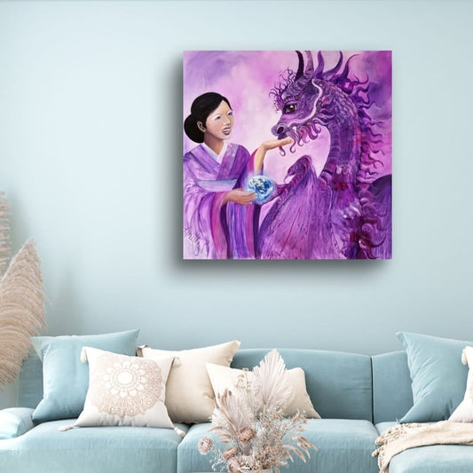 Purple crown chakra artwork of a geisha offering a glowing Earth to a dragon, symbolising spiritual awakening, universal connection and higher consciousness.