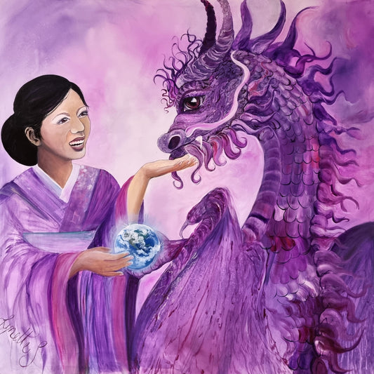 Purple crown chakra artwork of a geisha offering a glowing Earth to a dragon, symbolising spiritual awakening, universal connection and higher consciousness.
