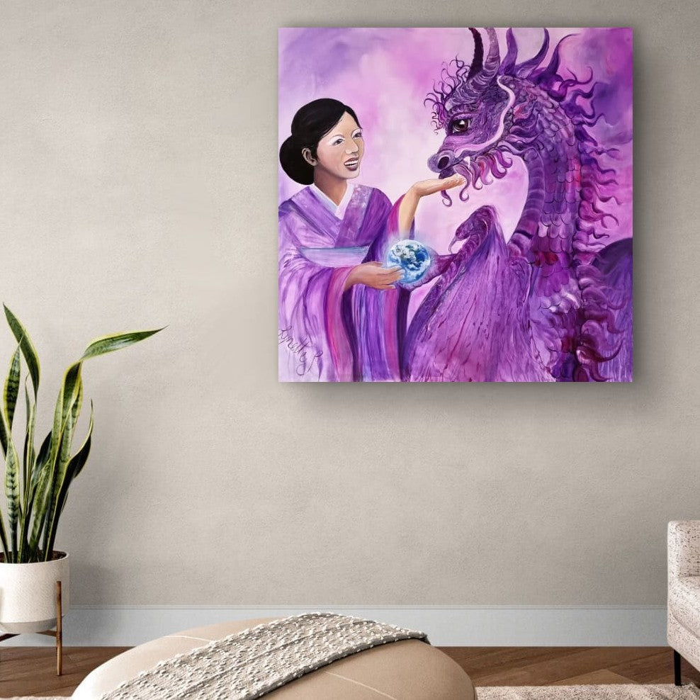 Purple crown chakra artwork of a geisha offering a glowing Earth to a dragon, symbolising spiritual awakening, universal connection and higher consciousness.