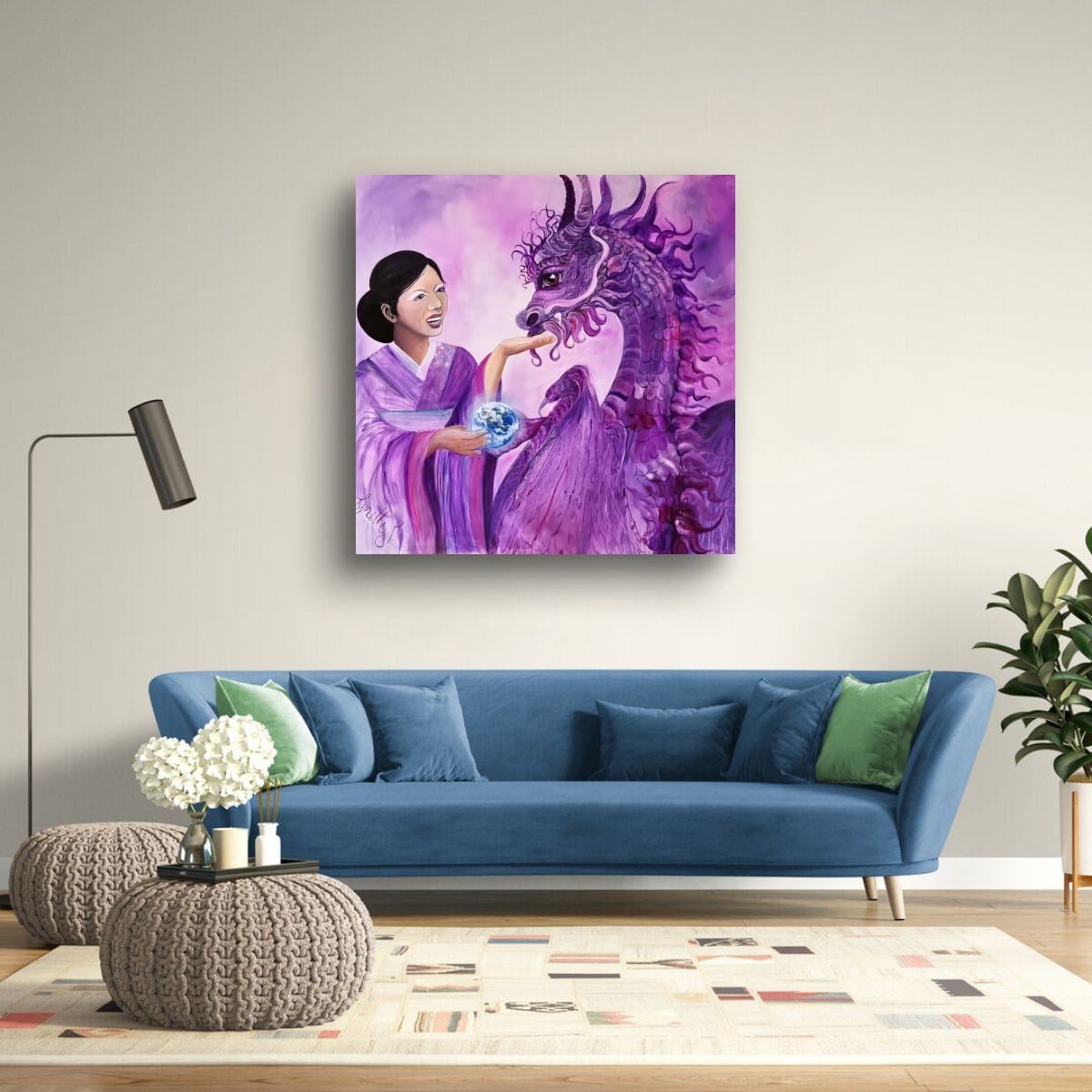 Purple crown chakra artwork of a geisha offering a glowing Earth to a dragon, symbolising spiritual awakening, universal connection and higher consciousness.