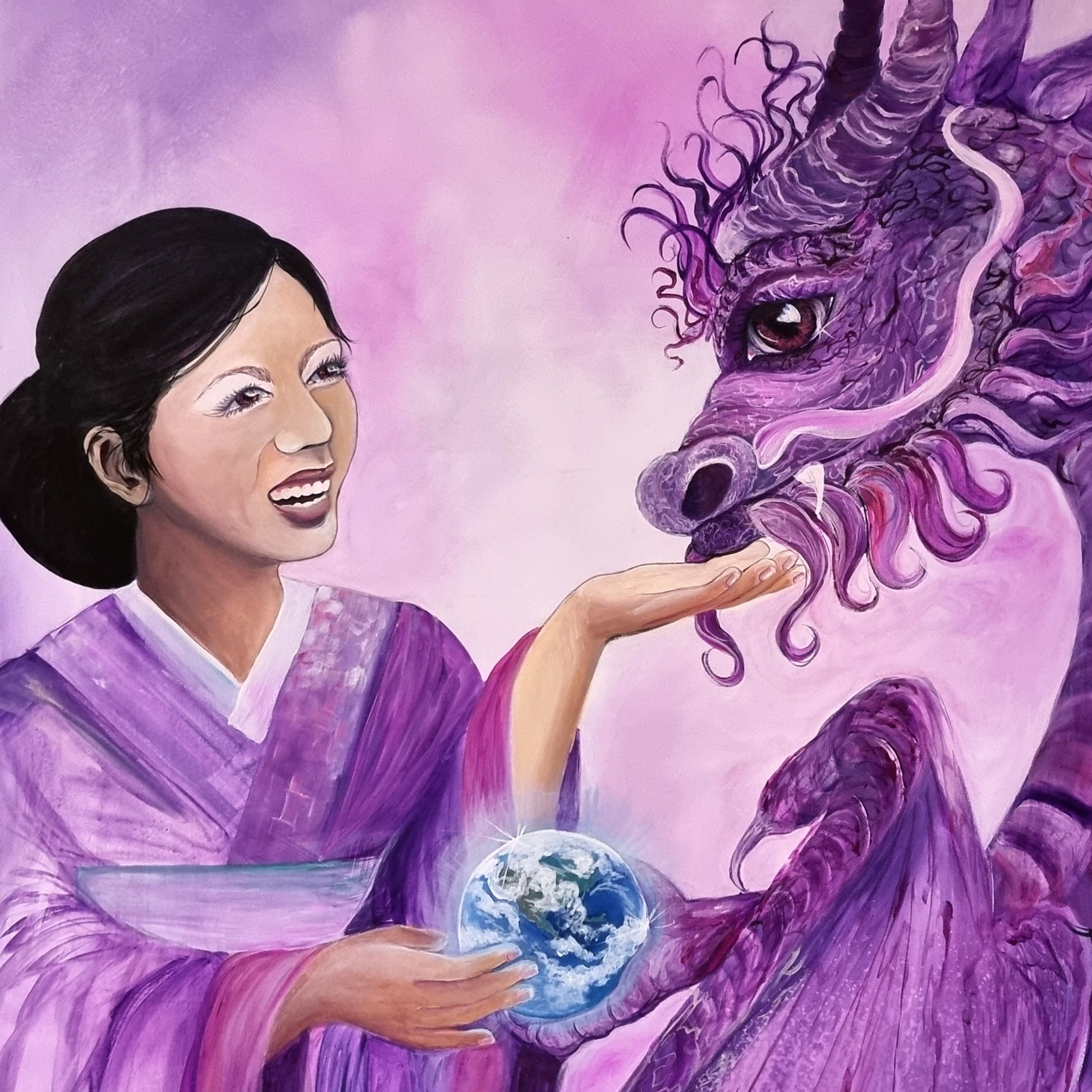 Purple crown chakra artwork of a geisha offering a glowing Earth to a dragon, symbolising spiritual awakening, universal connection and higher consciousness.