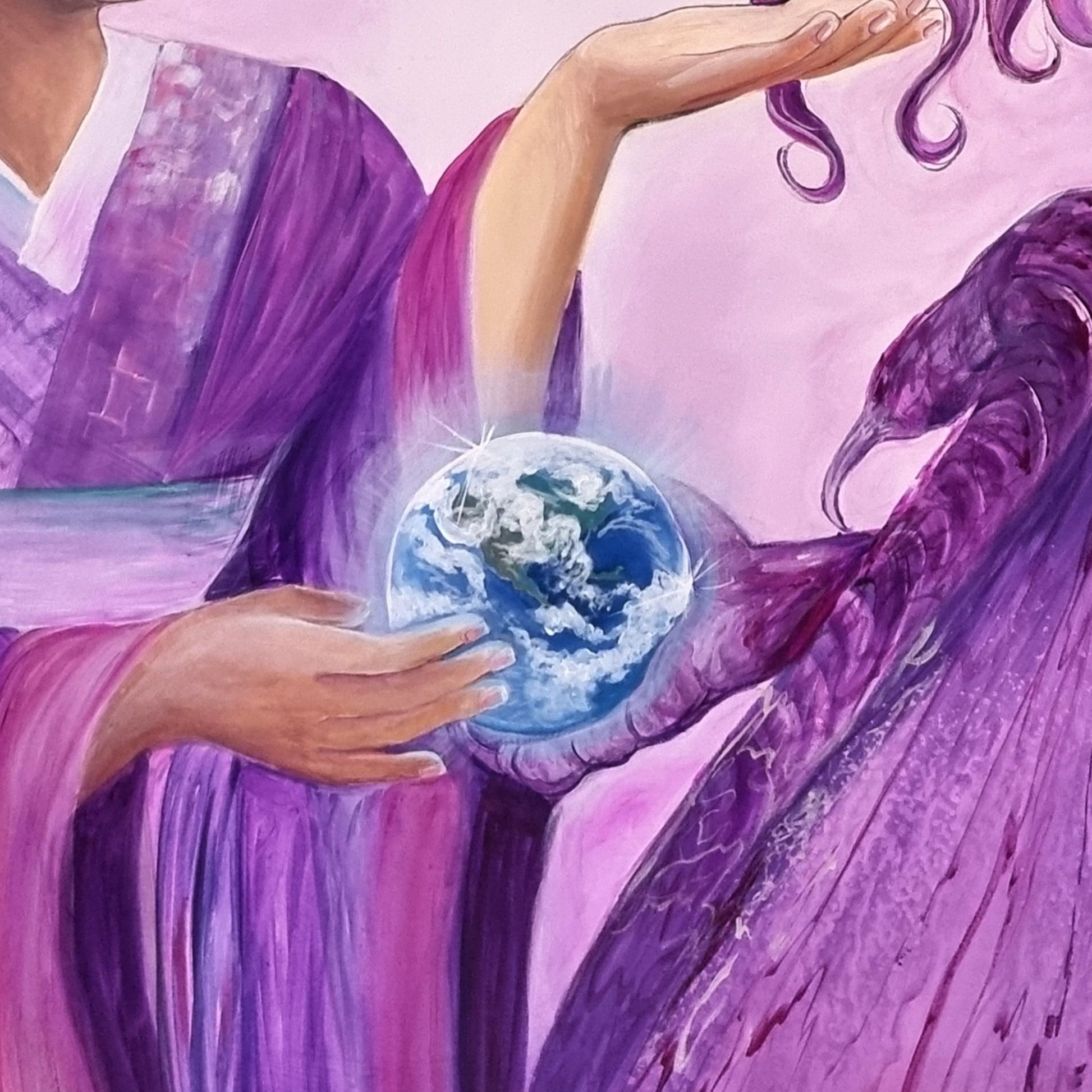 Purple crown chakra artwork of a geisha offering a glowing Earth to a dragon, symbolising spiritual awakening, universal connection and higher consciousness.