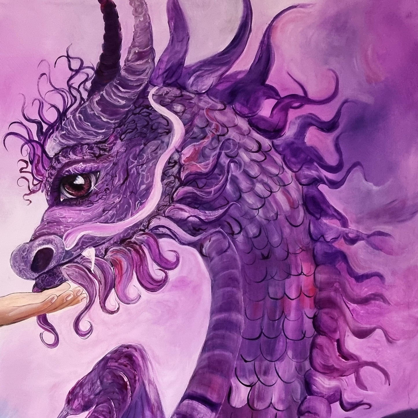 Purple crown chakra artwork of a geisha offering a glowing Earth to a dragon, symbolising spiritual awakening, universal connection and higher consciousness.