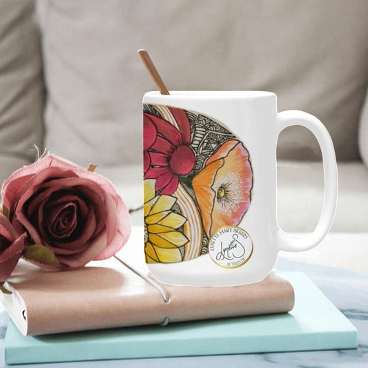 Large 15oz floral art coffee mug featuring colourful skateboard-inspired artwork by artist Lynette Mary Skeers.