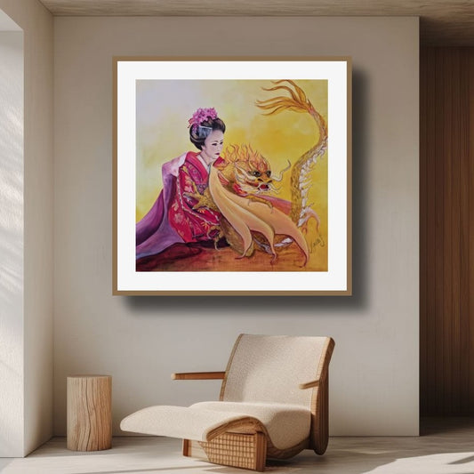 White and gold soul star chakra artwork of a geisha with a rising golden dragon, symbolising divine light, higher guidance, spiritual ascension and awakened feminine energy.