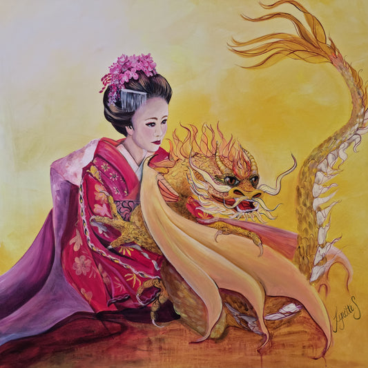 White and gold soul star chakra artwork of a geisha with a rising golden dragon, symbolising divine light, higher guidance, spiritual ascension and awakened feminine energy.