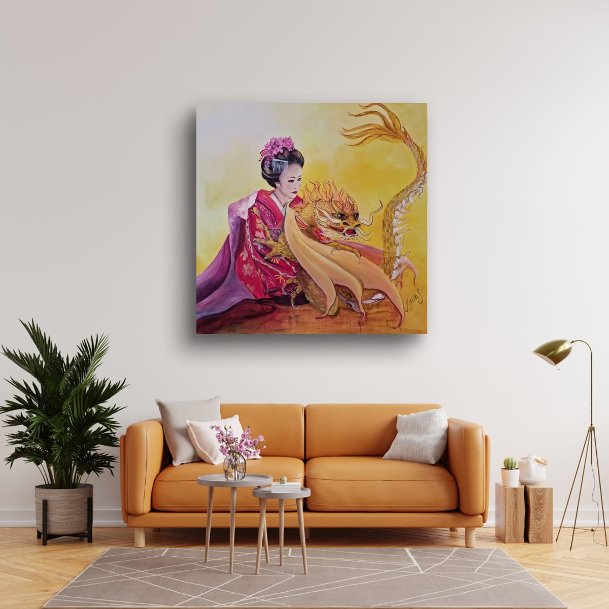 White and gold soul star chakra artwork of a geisha with a rising golden dragon, symbolising divine light, higher guidance, spiritual ascension and awakened feminine energy.