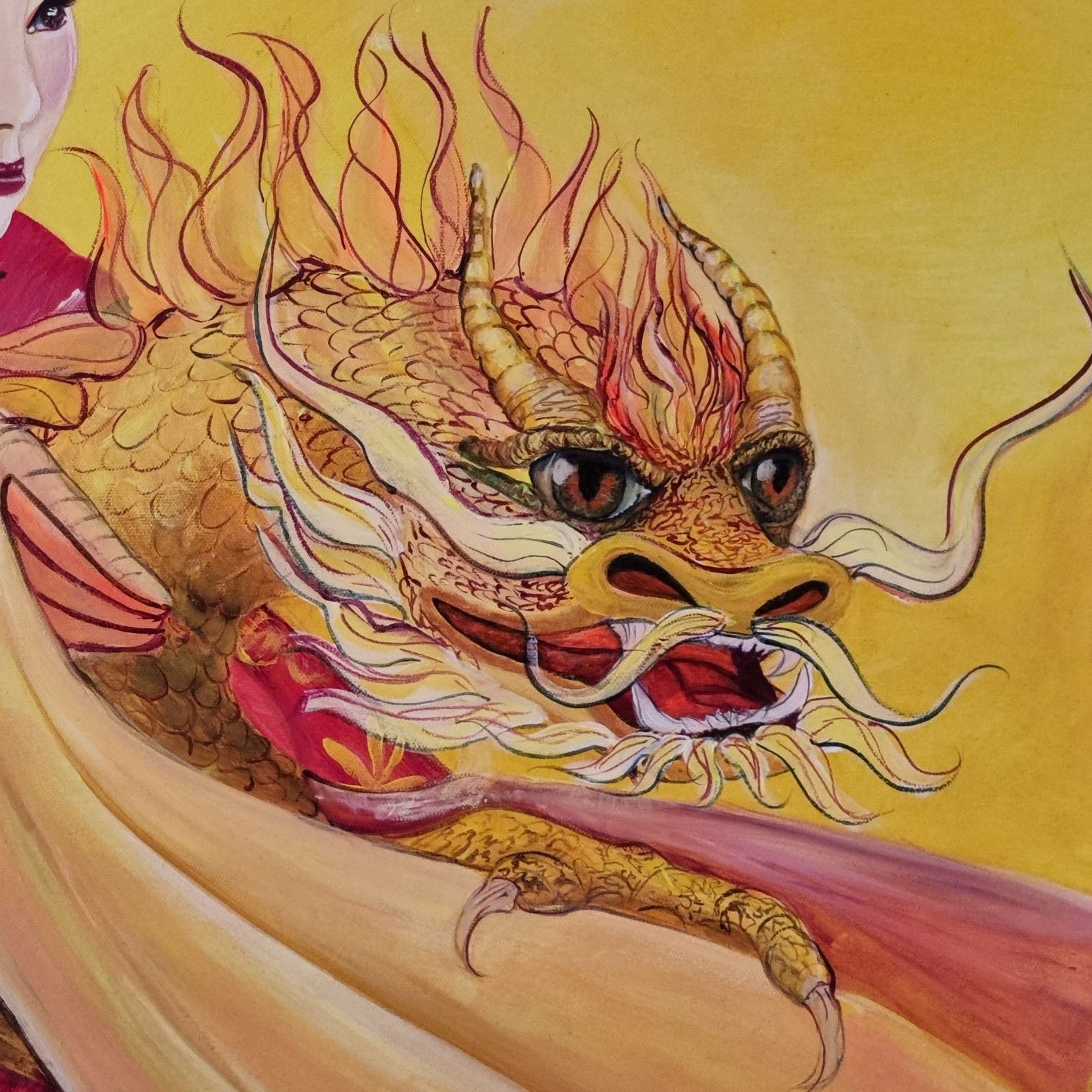 White and gold soul star chakra artwork of a geisha with a rising golden dragon, symbolising divine light, higher guidance, spiritual ascension and awakened feminine energy.