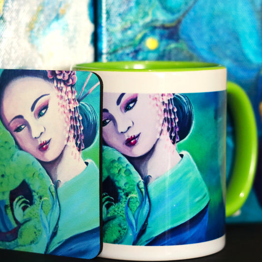 Art cup and coaster set featuring Love and Healing Green Geisha from the Geishas & Dragons Series by Australian artist Lynette Mary Skeers