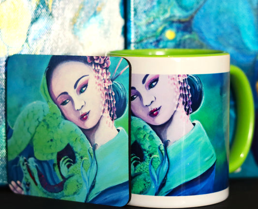 Art cup and coaster set featuring Love and Healing Green Geisha from the Geishas & Dragons Series by Australian artist Lynette Mary Skeers