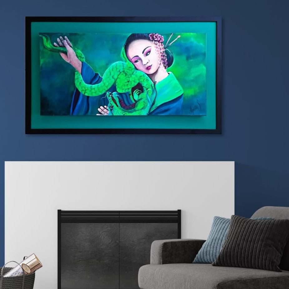 Green heart chakra artwork of a geisha holding her dragon, symbolising love, emotional healing, compassion and gentle feminine strength.