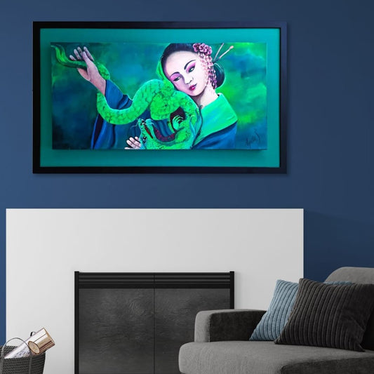 Green heart chakra artwork of a geisha holding her dragon, symbolising love, emotional healing, compassion and gentle feminine strength.