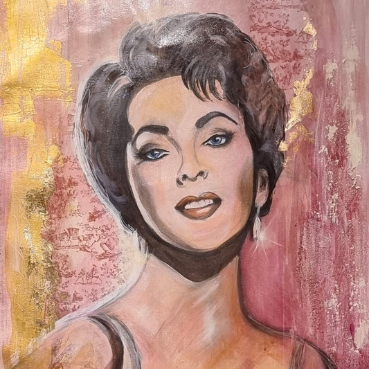 Vibrant pink portrait inspired by Elizabeth Taylor, part of the Pink Icons Series by Lynette Mary Skeers.