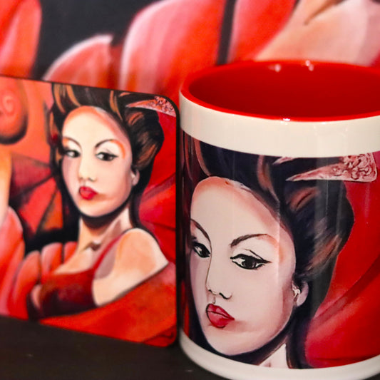 Art cup and coaster set featuring Survival Red Geisha from the Geishas & Dragons Series by Australian artist Lynette Mary Skeers